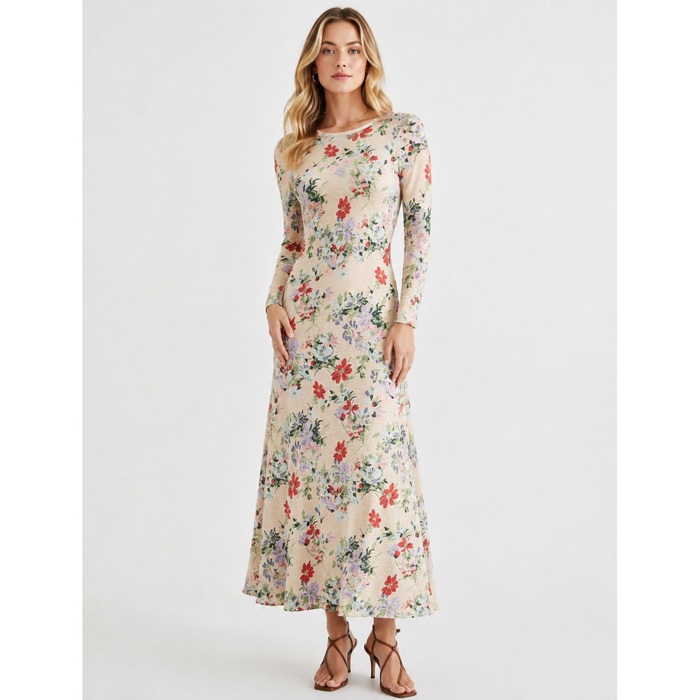 Polo Ralph Lauren Floral Waffle Knit Henley Maxi Dress XL Tan Red Wildflower